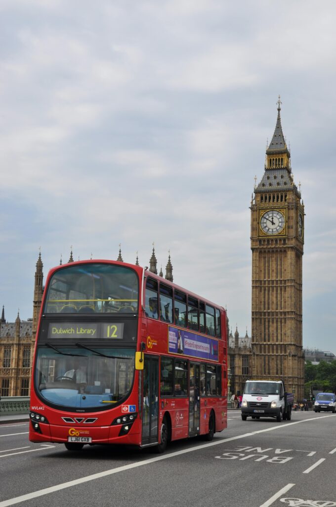 Classic London scene with Big Ben and a red double-decker bus on a cloudy day.